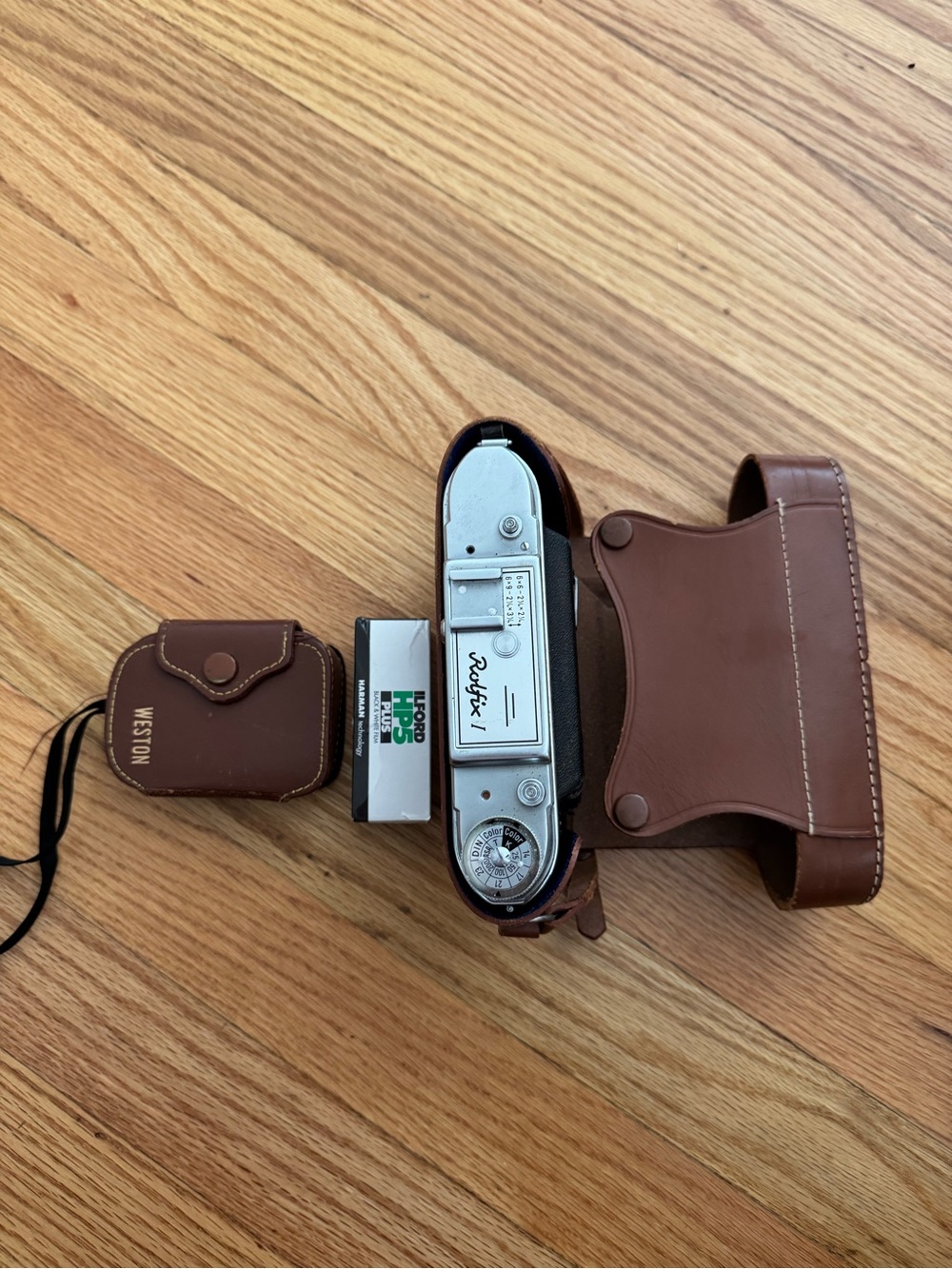Rolfix 1 Brown Leather Camera Case with Vintage Film Camera
